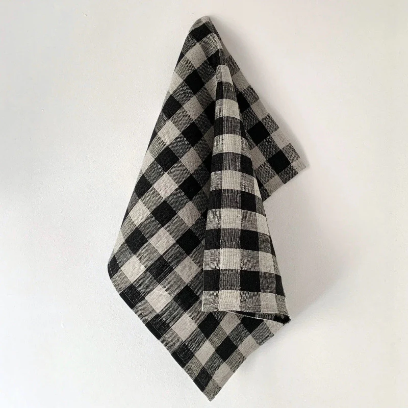 Linen Tea Towel - natural/black check - Image 3
